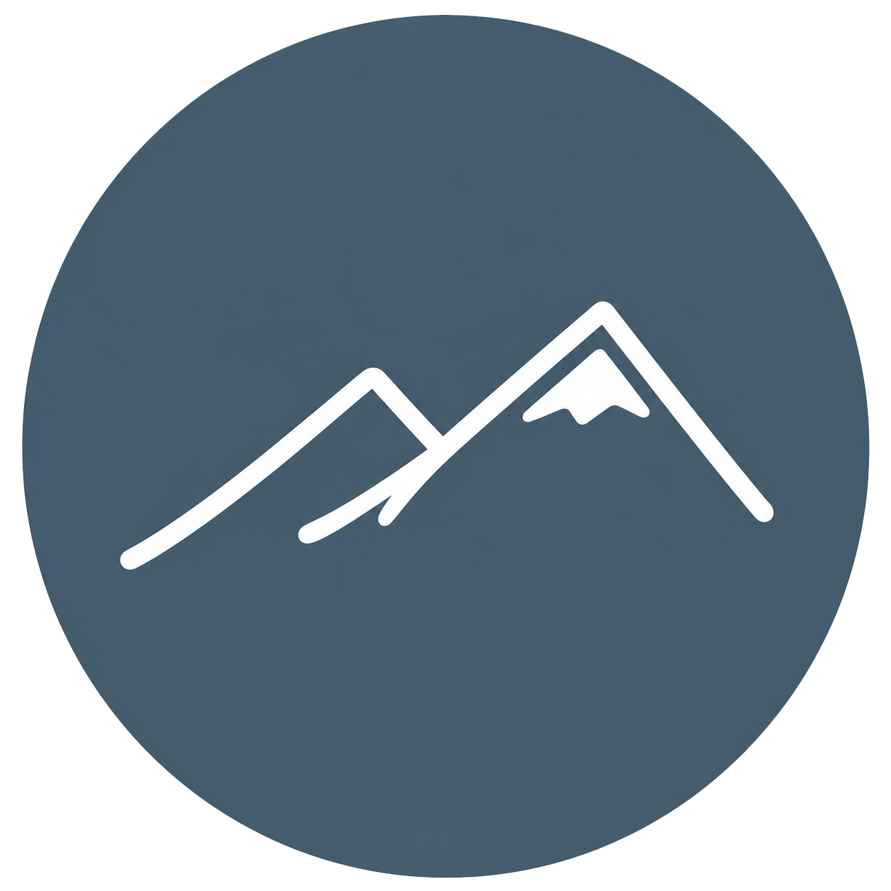 Visit Wild Wales with Emily Coates. Icon of a mountain range with snow-capped peaks on a dark circular background.