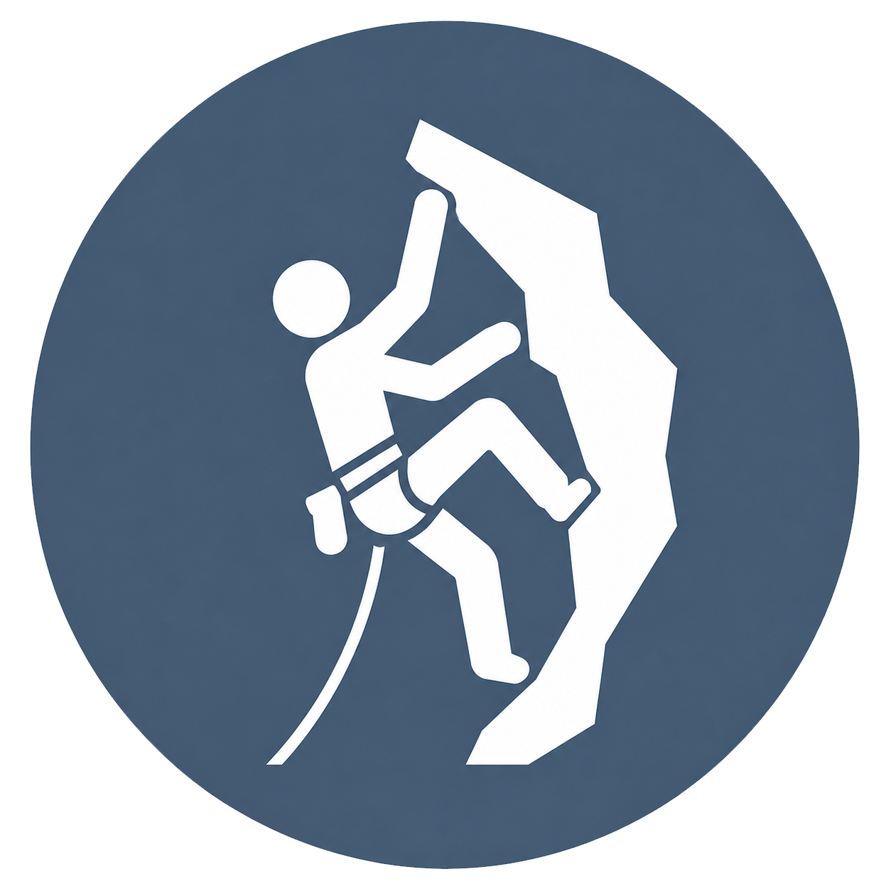 Visit Wild Wales with Emily Coates. A circular sign depicting a person rock climbing with safety gear, and an instructor or belayer holding the climber's hand for support.