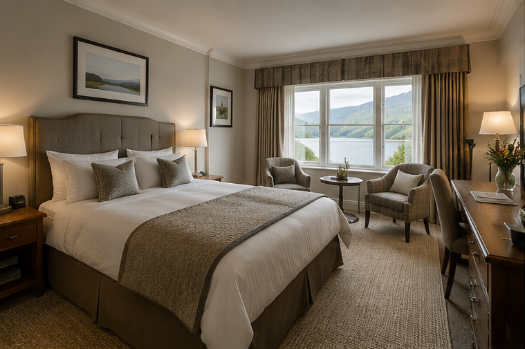 A cozy hotel room with a large bed, two bedside lamps, a sitting area with chairs and a table facing a large window, overlooking a scenic lake and mountains.