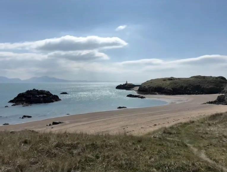 Visit Wild Wales with Emily Coates. A peaceful beach scene with sandy shore, rocky outcroppings, and a grassy hill leading to the beach; calm ocean waters and a partly cloudy sky with sunlight reflecting on the water.