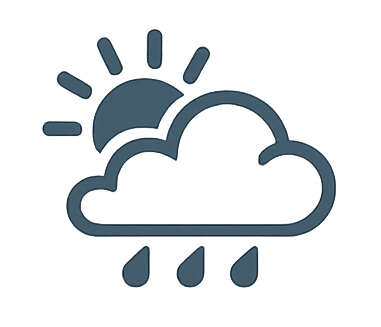 Cloudy weather with rain and the sun partially visible.