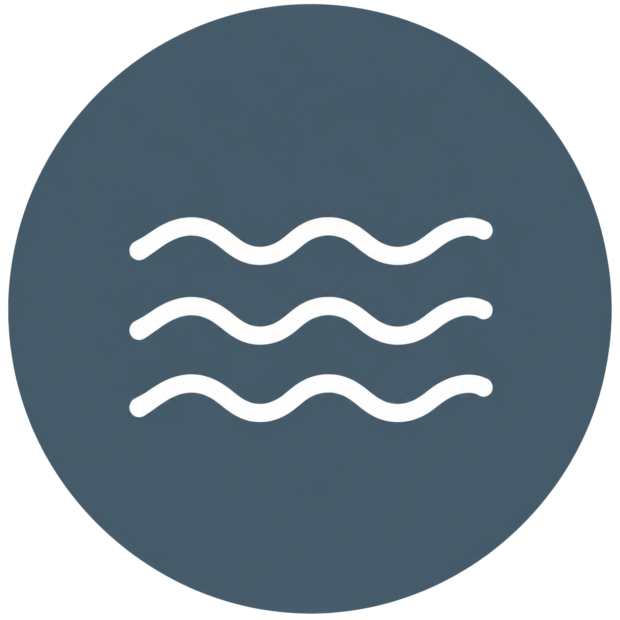 Visit Wild Wales with Emily Coates. Icon of three wavy horizontal lines on a dark gray circular background.