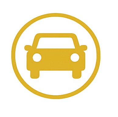 Icon of a car inside a circle with a yellow outline on a black background.