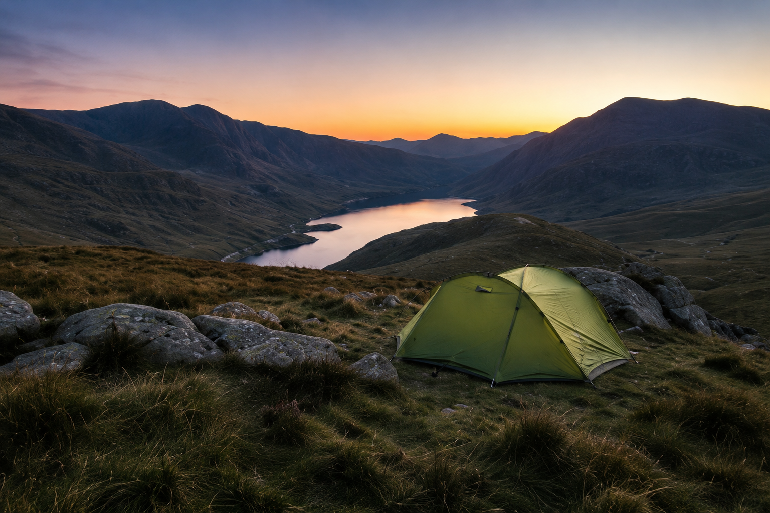 Visit Wild Wales with Emily Coates. A green tent pitched on a grassy hillside with rocks, overlooking a lake surrounded by mountains during sunset.