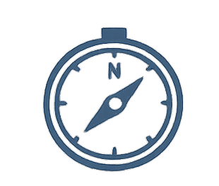 Visit Wild Wales with Emily Coates. A simple blue compass showing the north direction.