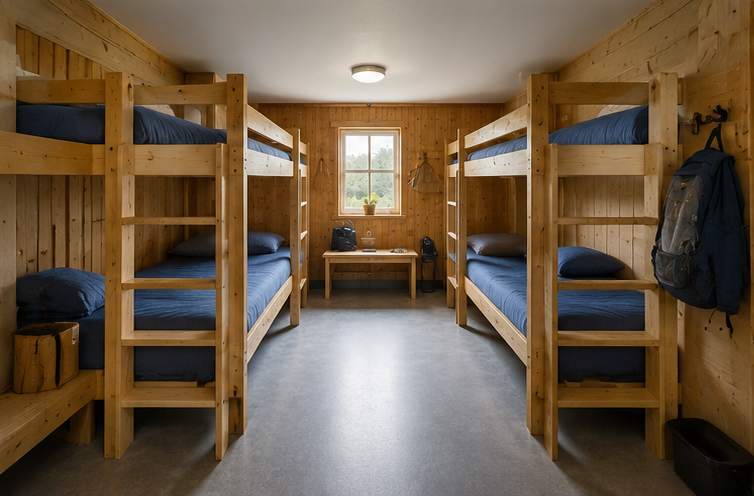 A cabin bedroom with four wooden bunk beds with blue bedding arranged two on each side, a small wooden table between them, a window at the back with a potted plant, and various personal items hanging or placed around.