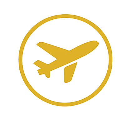 Gold airplane icon inside a gold circle.