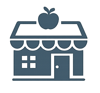A small storefront with a door, window, and a striped awning, topped by a large apple on the roof.