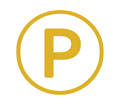 A yellow circle with a black letter 'P' inside, indicating parking.