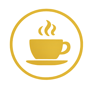 Golden coffee cup with steam inside a circular border