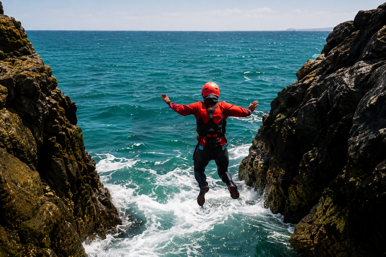 Visit Wild Wales with Emily Coates. Person in red wetsuit, helmet, and life jacket jumping into the ocean between rocks on a sunny day.