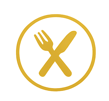 Yellow background with an embossed circle containing a fork and knife crossed.