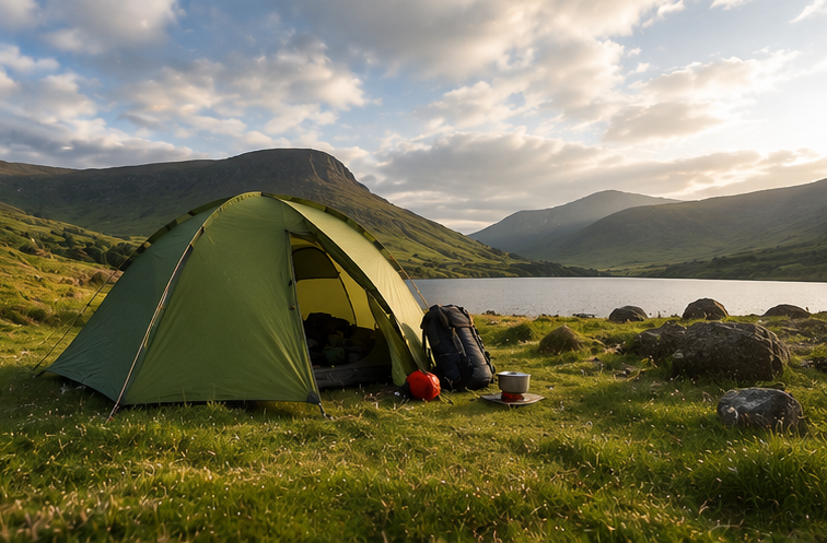 A green camping tent set up near a lake in a mountainous landscape with a backpack, cooking pot, and other camping gear outside, under a partly cloudy sky.