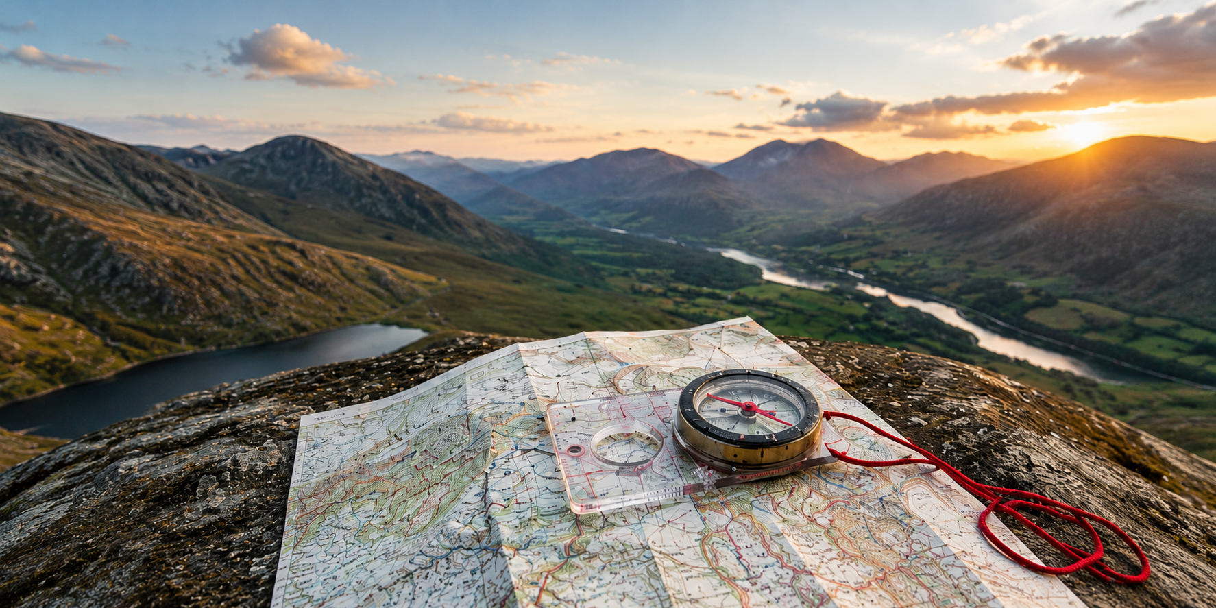 A detailed map and a compass lying on a rock, overlooking a scenic valley with a lake, river, mountains, and a sunset sky.