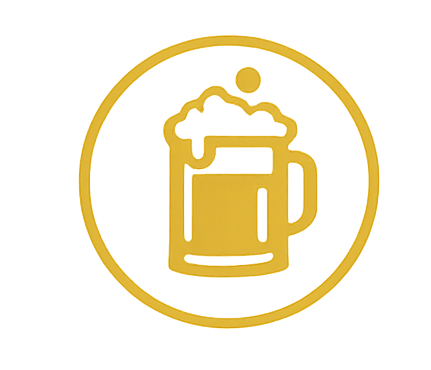 Gold line drawing of a beer mug inside a circle.