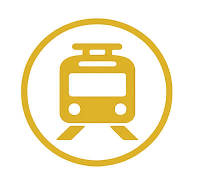 Gold train icon inside a gold circle on a black background.