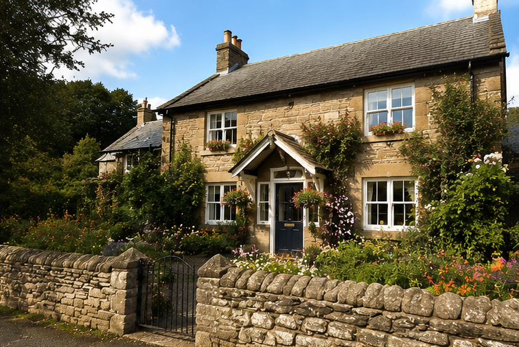 A traditional stone cottage with a front garden full of colorful flowers, a stone wall with a small gate, and a steep roof with chimneys under a blue sky.