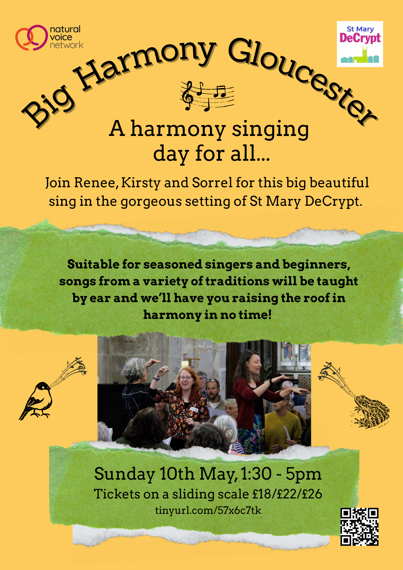 Flyer for a musical event called Big Harmony Gloucester, featuring a harmony singing day at St Mary DeCrypt on Sunday, May 10th from 1:30 to 5 pm. The flyer has yellow and green background sections with illustrations of a bird, a frog, and musical notes, and includes a photo showing people singing and conducting, along with a QR code and ticket pricing information.
