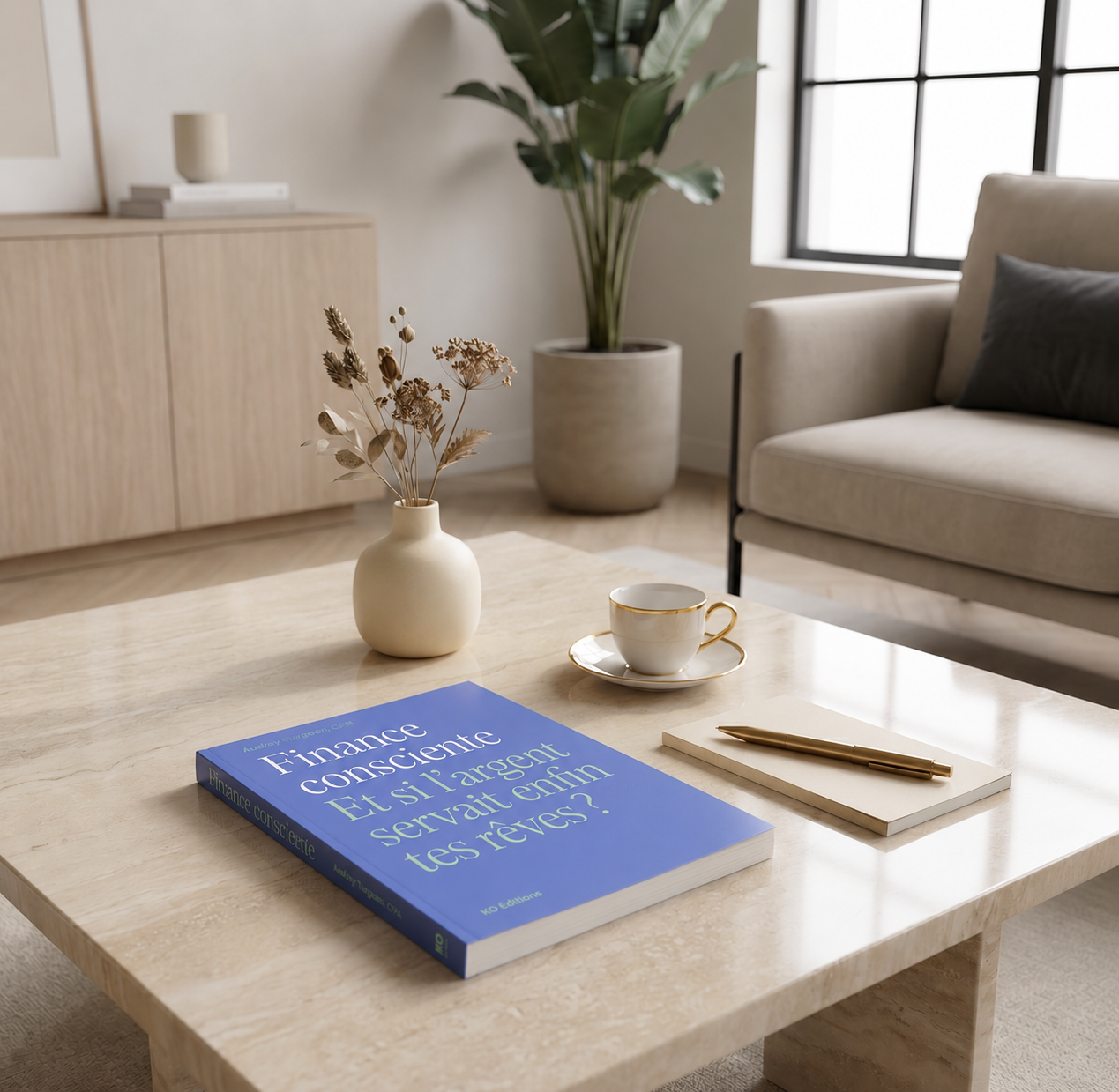Table en bois clair avec un livre bleu, un cahier blanc, un stylo doré, une tasse et une soucoupe dorée, une petite vase avec des plantes séchées. En arrière-plan, un canapé beige avec un coussin gris, une grande plante en pot, et une fenêtre avec des croisillons.