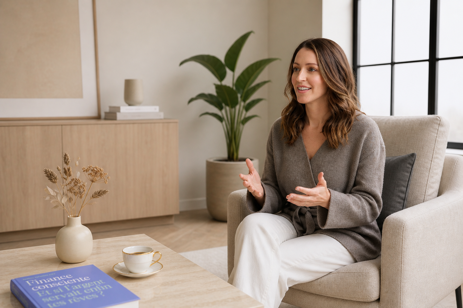 Femme assise dans un salon discutant, avec une tasse et un livre intitulé « Finance consciente » sur la table