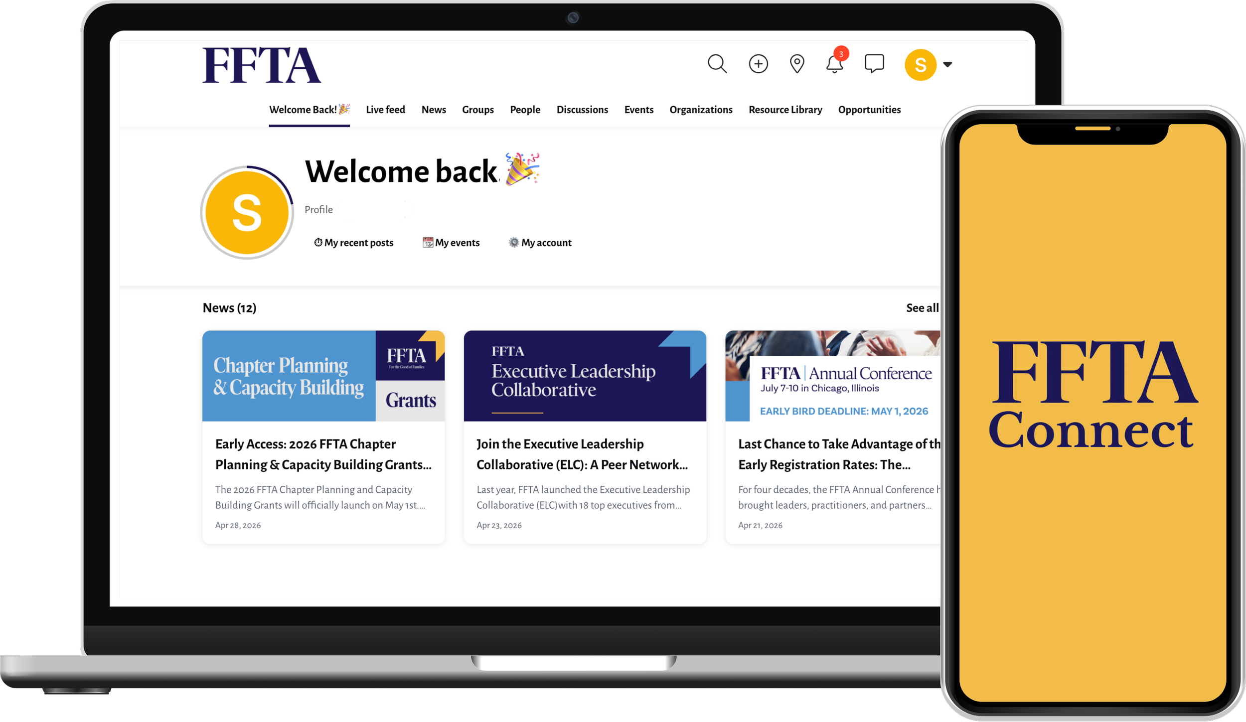 A laptop displays the FFTA member dashboard; a smartphone shows the FFTA Connect app welcome screen.