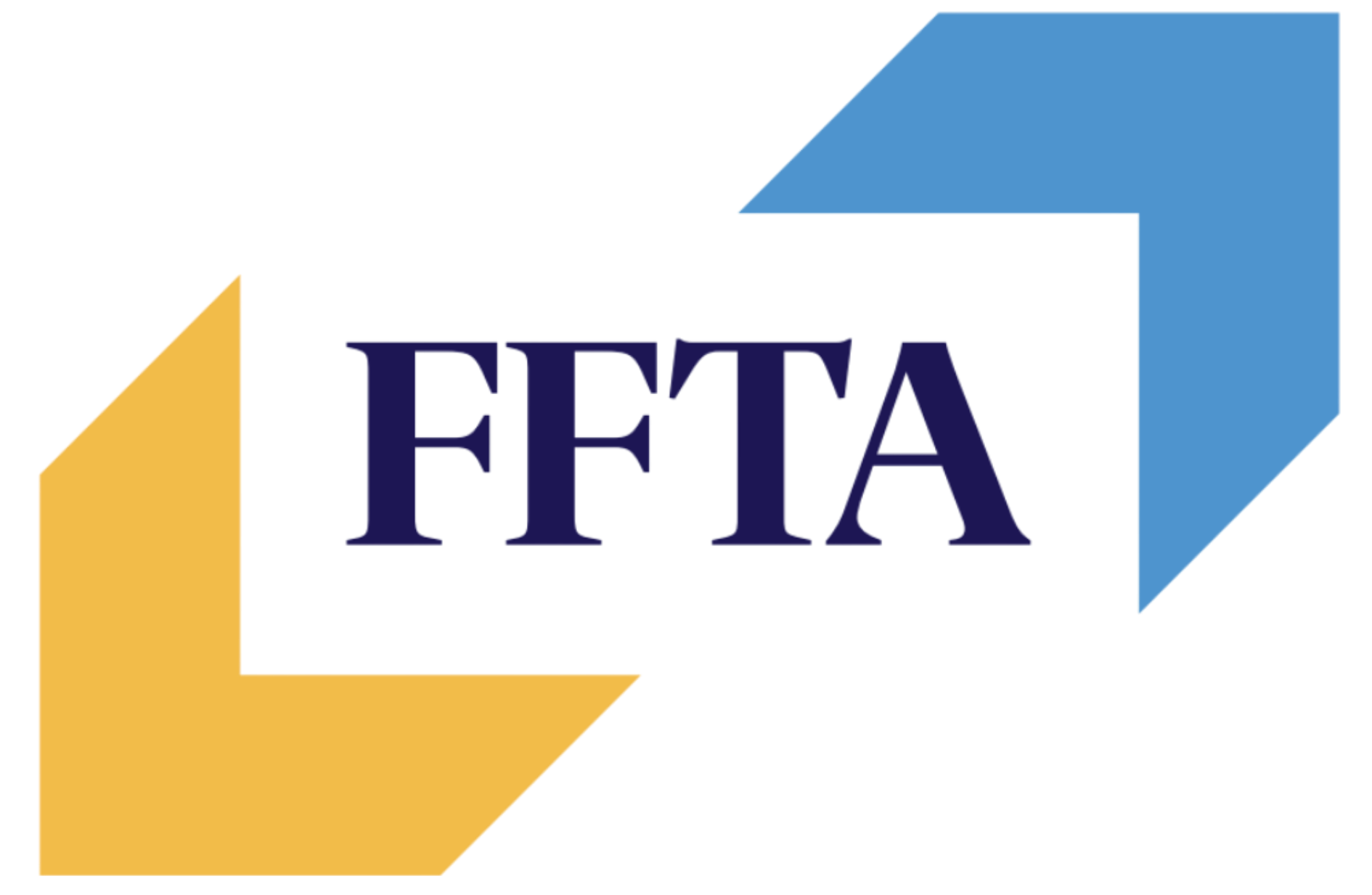 The letters "FFTA" are between a yellow left corner shape and a blue right corner shape on a white background.
