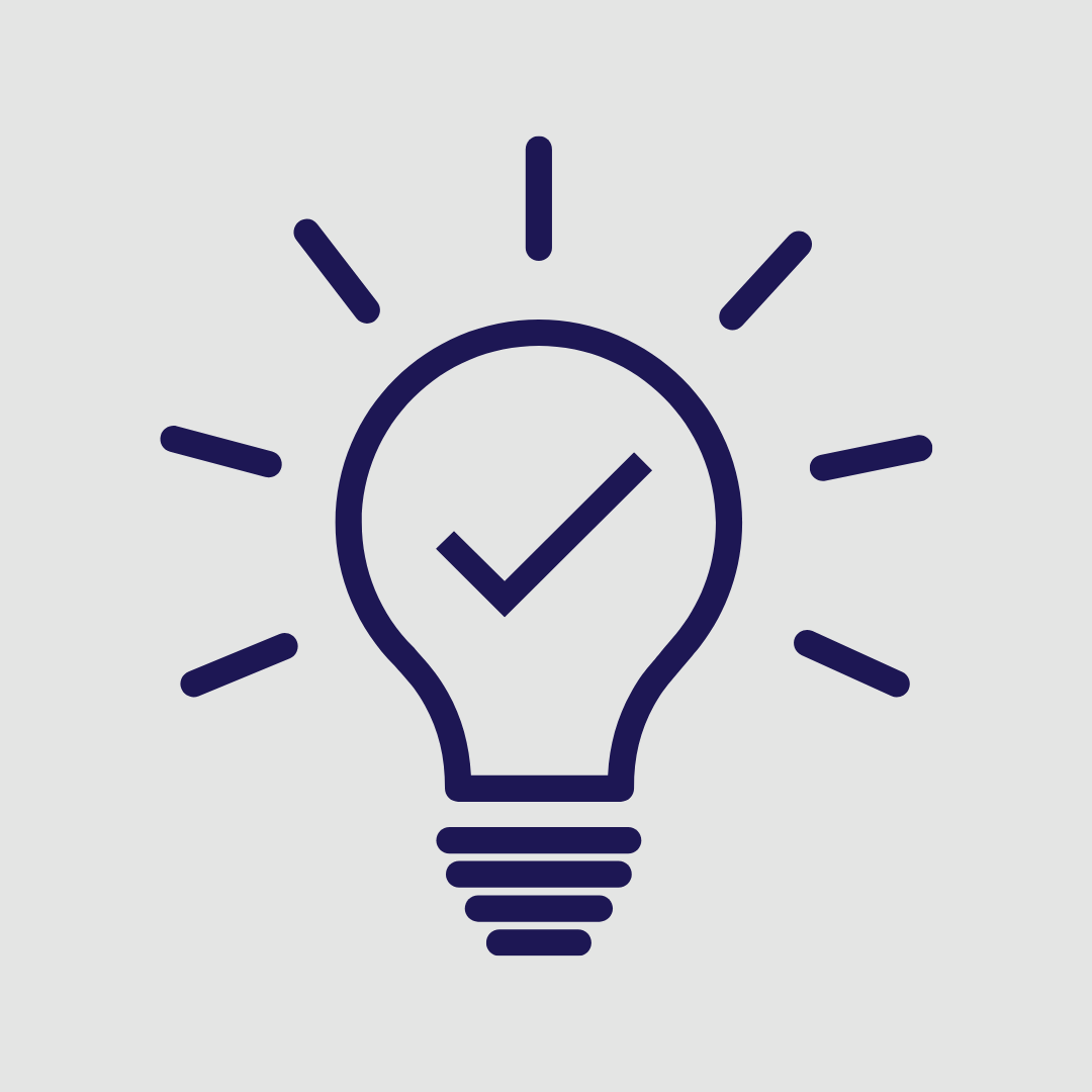 Outline of a light bulb with a check mark inside and lines around it, symbolizing an idea or solution for child welfare best practices
