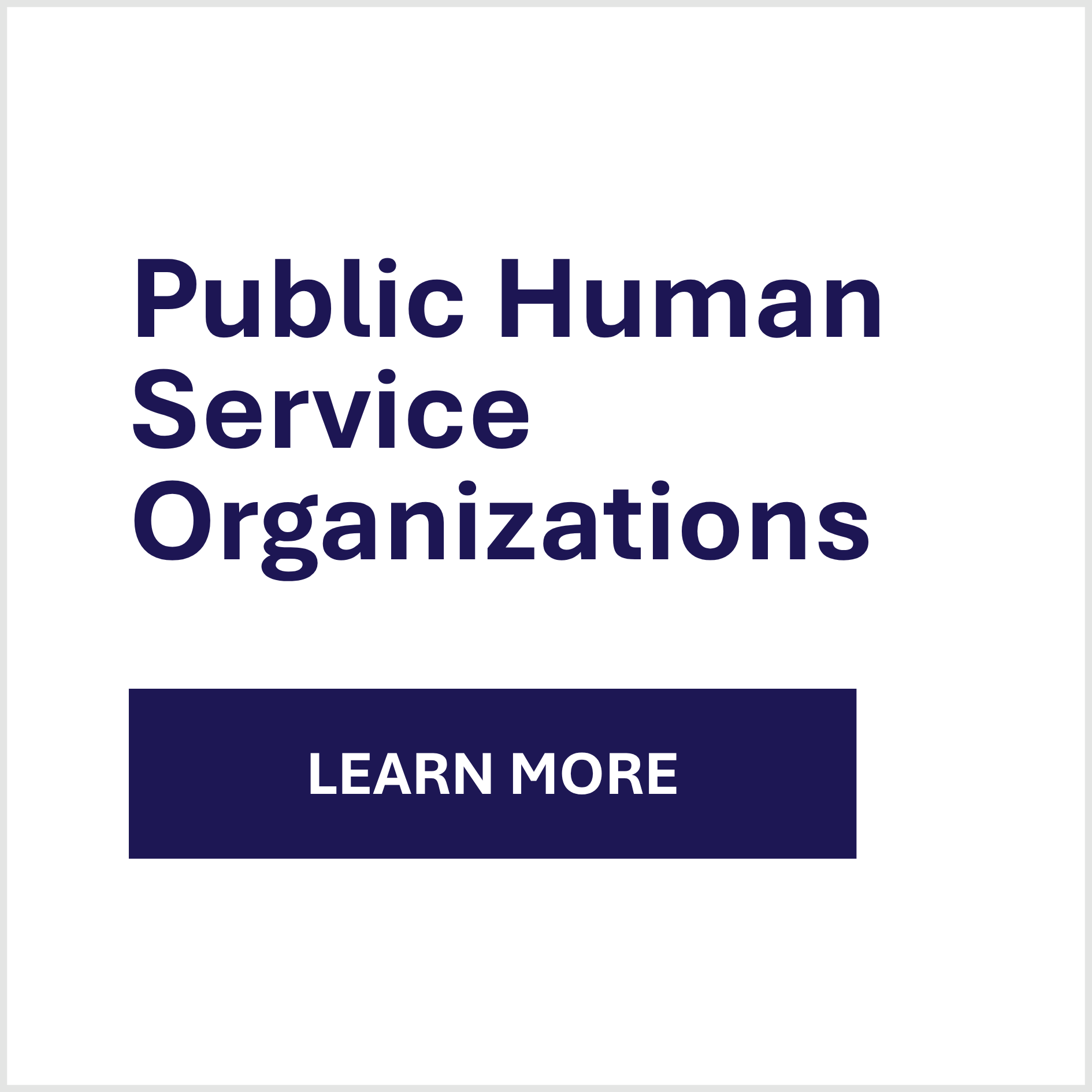 Text reads "Public Human Service Organizations" with a button below labeled "Learn More" on a light background.