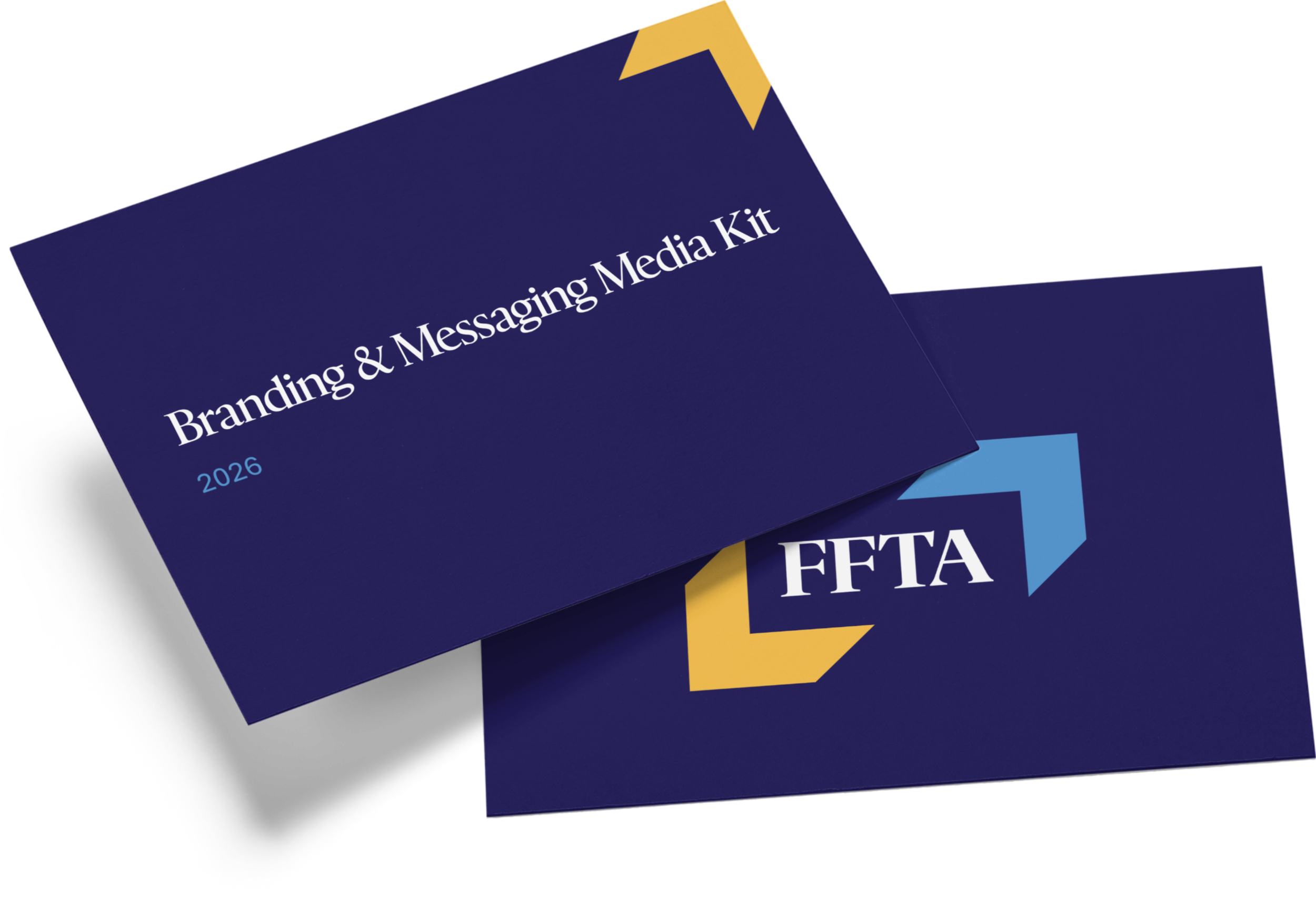 Two navy blue cards, one labeled "Branding &amp; Messaging Media Kit 2026" and the other with the letters "FFTA" and colored arrows.