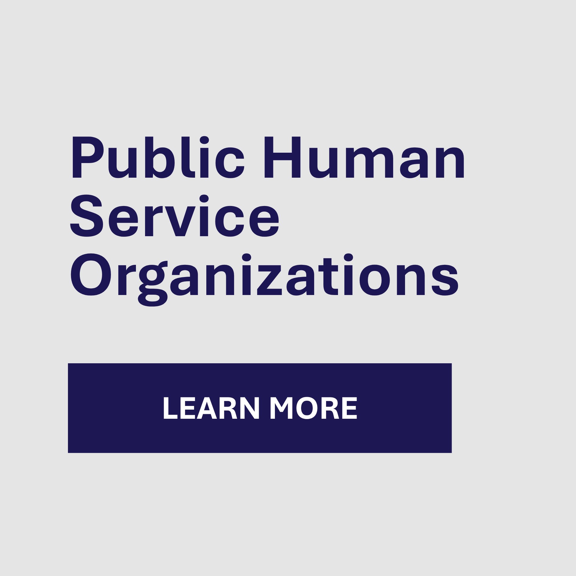 Text reading "Public Human Service Organizations" above a dark blue "Learn More" button on a light gray background.