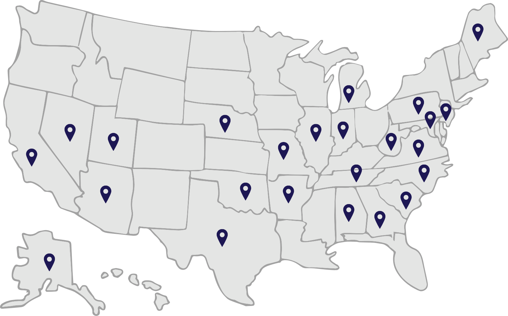 A map of the United States with location markers in various states across the country to showcase FFTA locations.