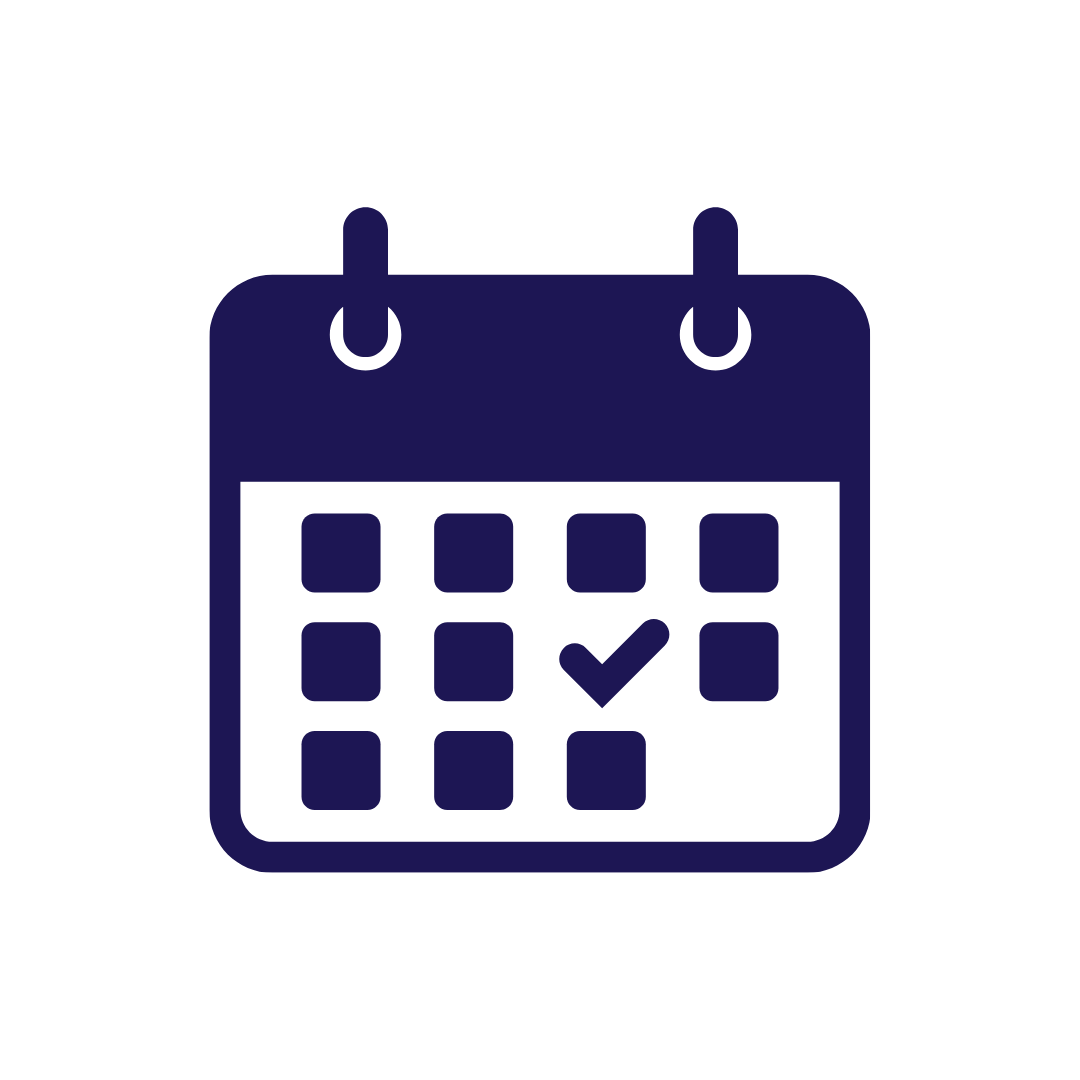 A dark blue calendar icon with a check mark on one of the dates, on a light background.