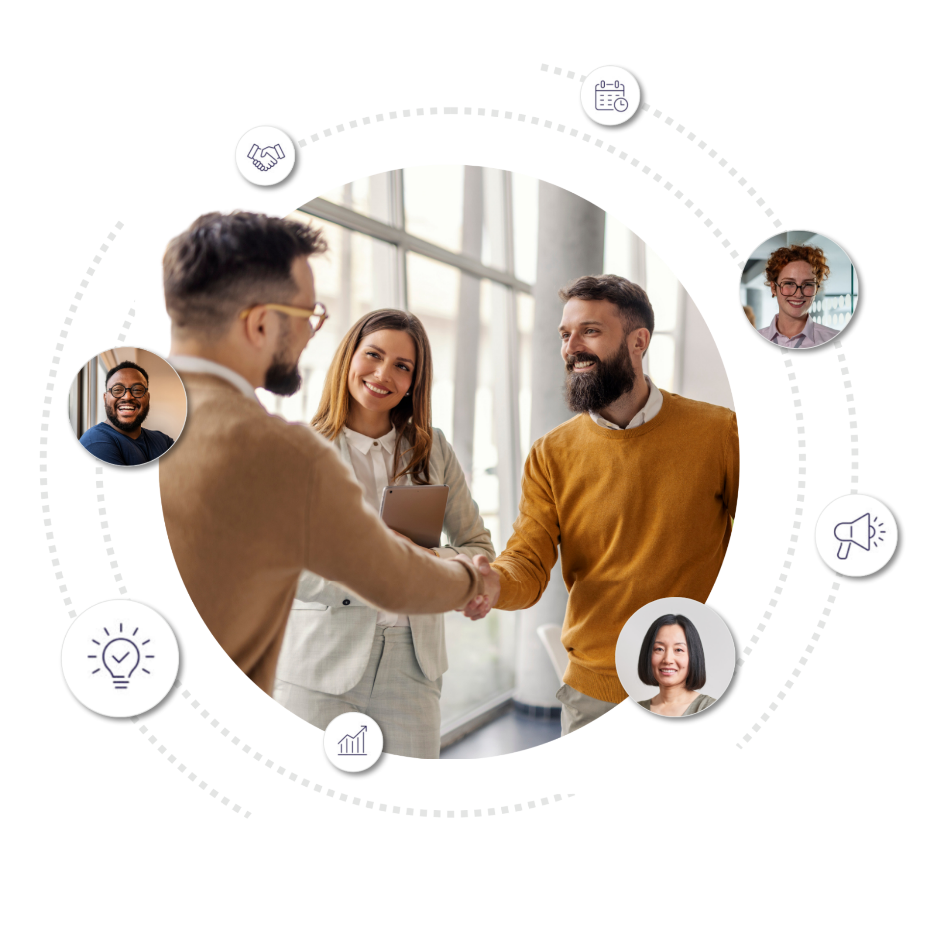 Two men shake hands in an office while a woman smiles nearby; circular portraits and icons surround the central image.