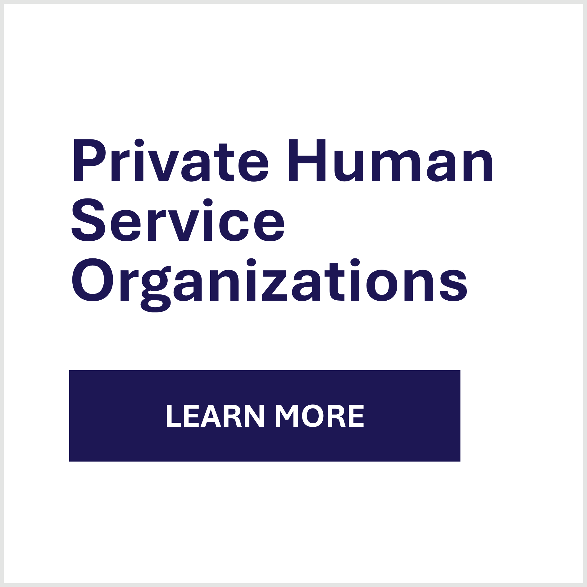 Text reads "Private Human Service Organizations" above a blue button labeled "Learn More" on a light gray background.