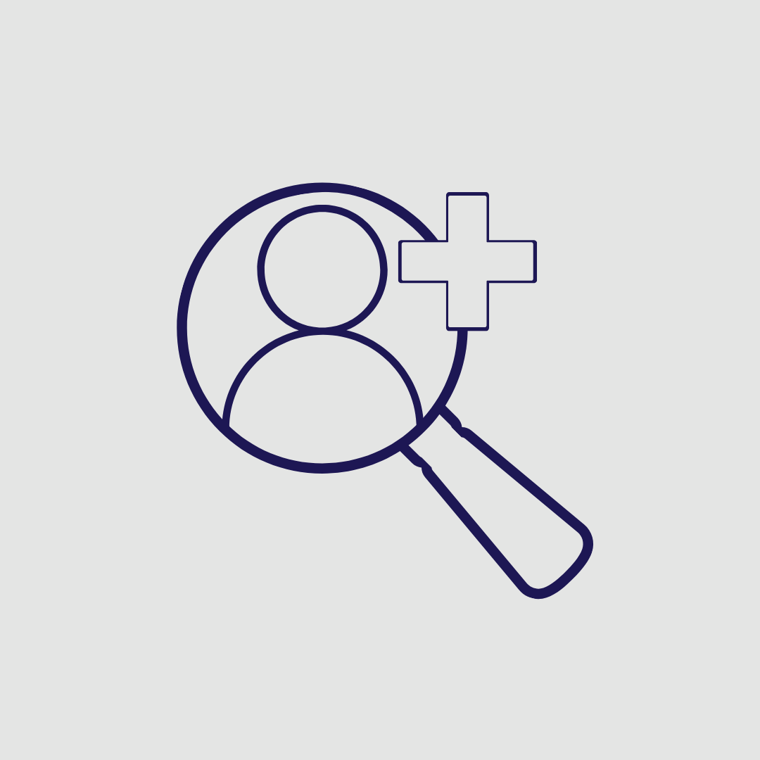 Magnifying glass over a user icon with a plus sign, symbolizing child welfare policy.