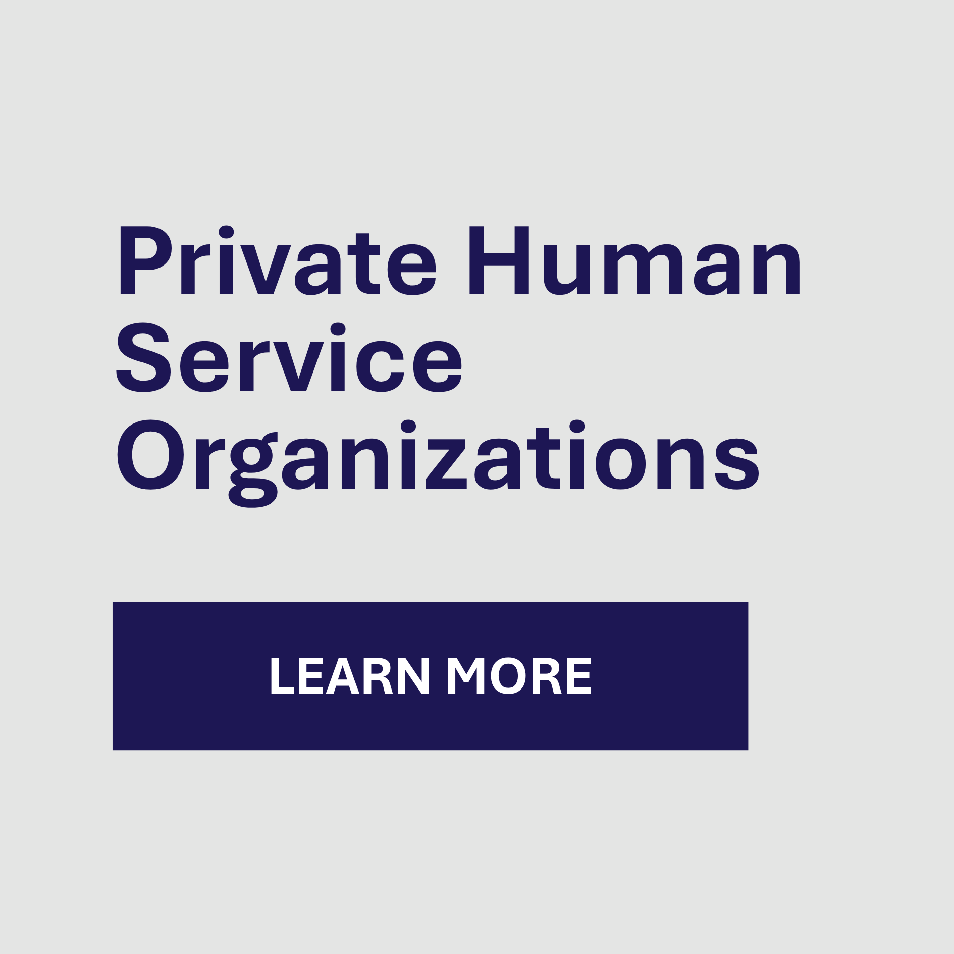Text reads "Private Human Service Organizations" above a blue button labeled "Learn More" on a light gray background.