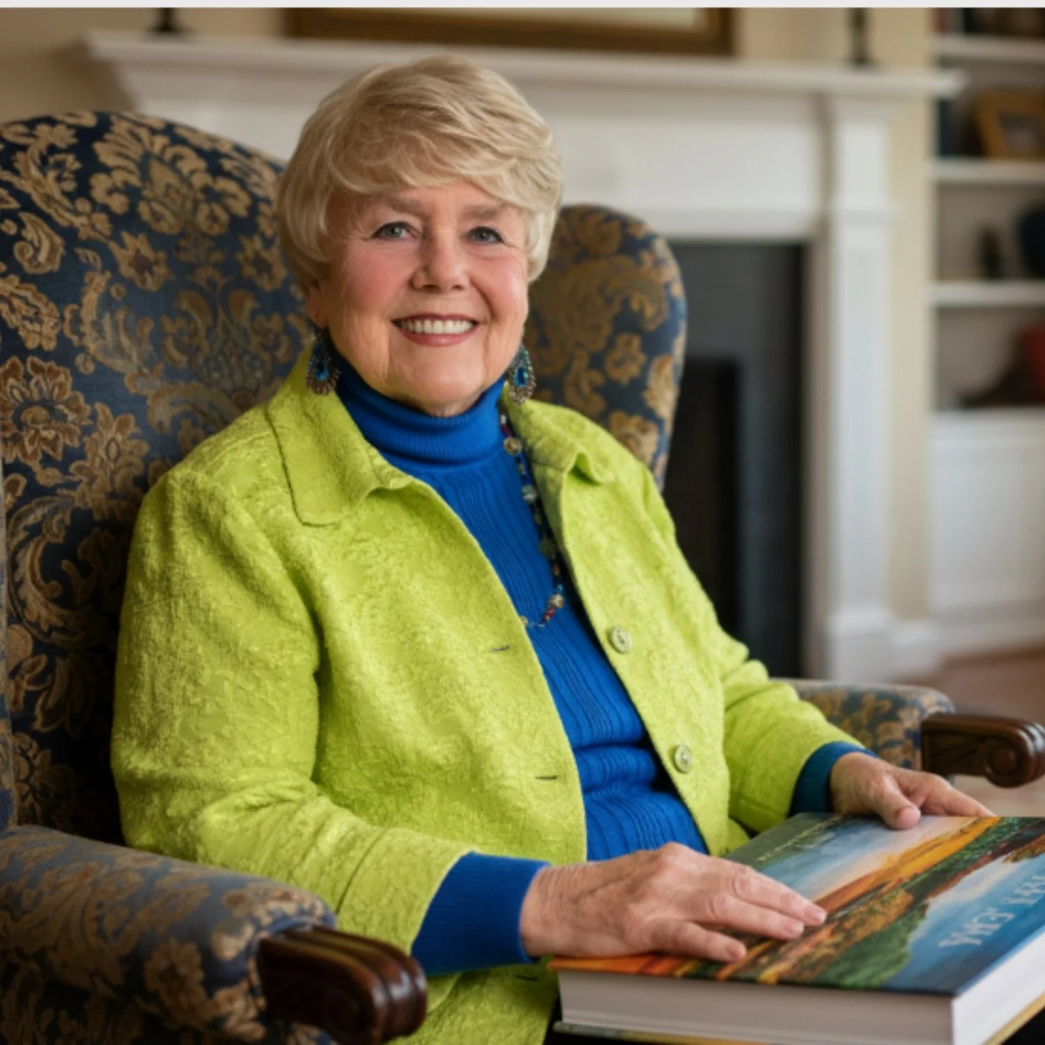 Susan Brandenburg with short blonde hair smiling while sitting on a patterned armchair, holding an open book or magazine in her hands, in a cozy living room.