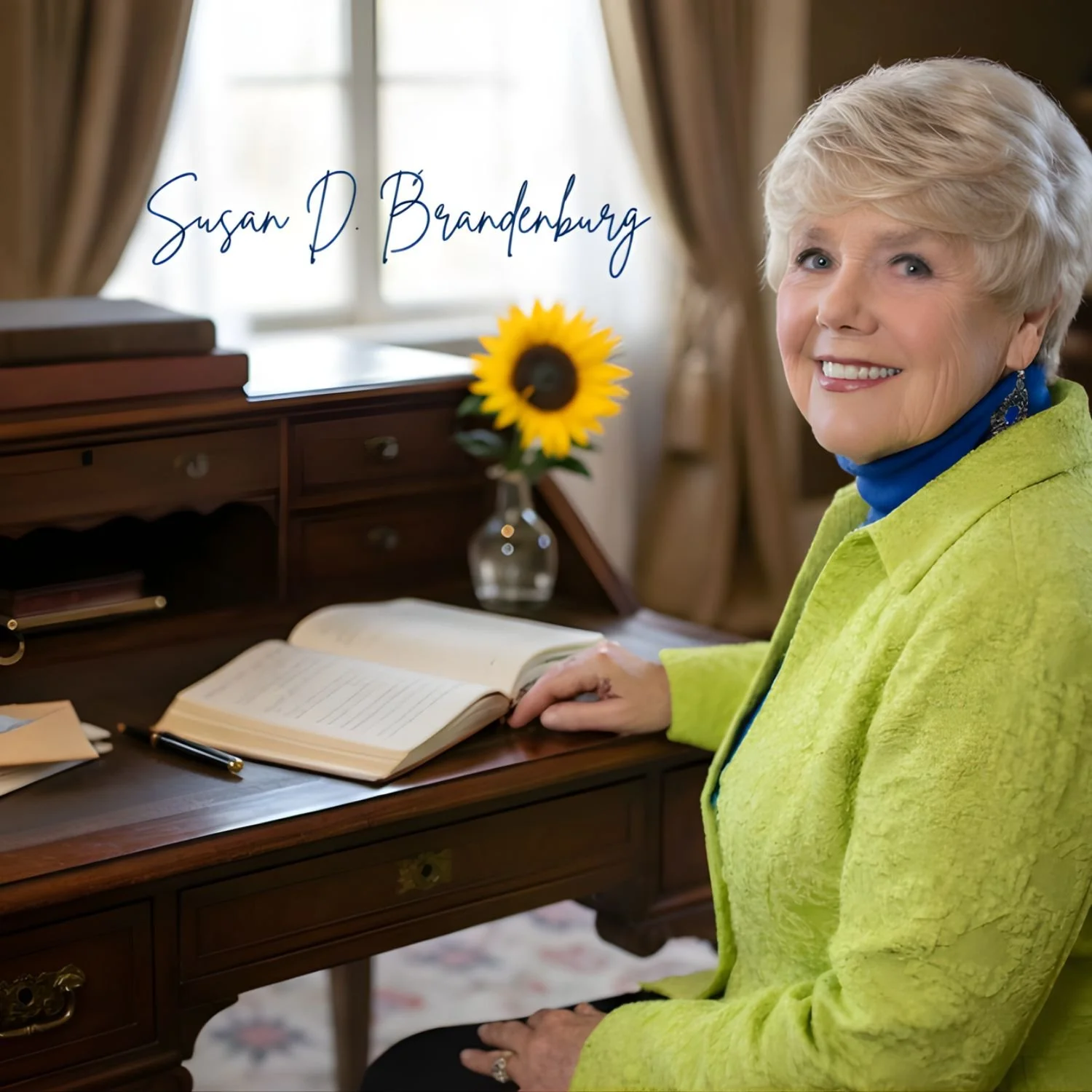 Susan Brandenburg with short, gray hair and blue eyes smiling while sitting at a wooden desk with an open notebook, a pen, a vase with a sunflower, and a window with curtains in the background.