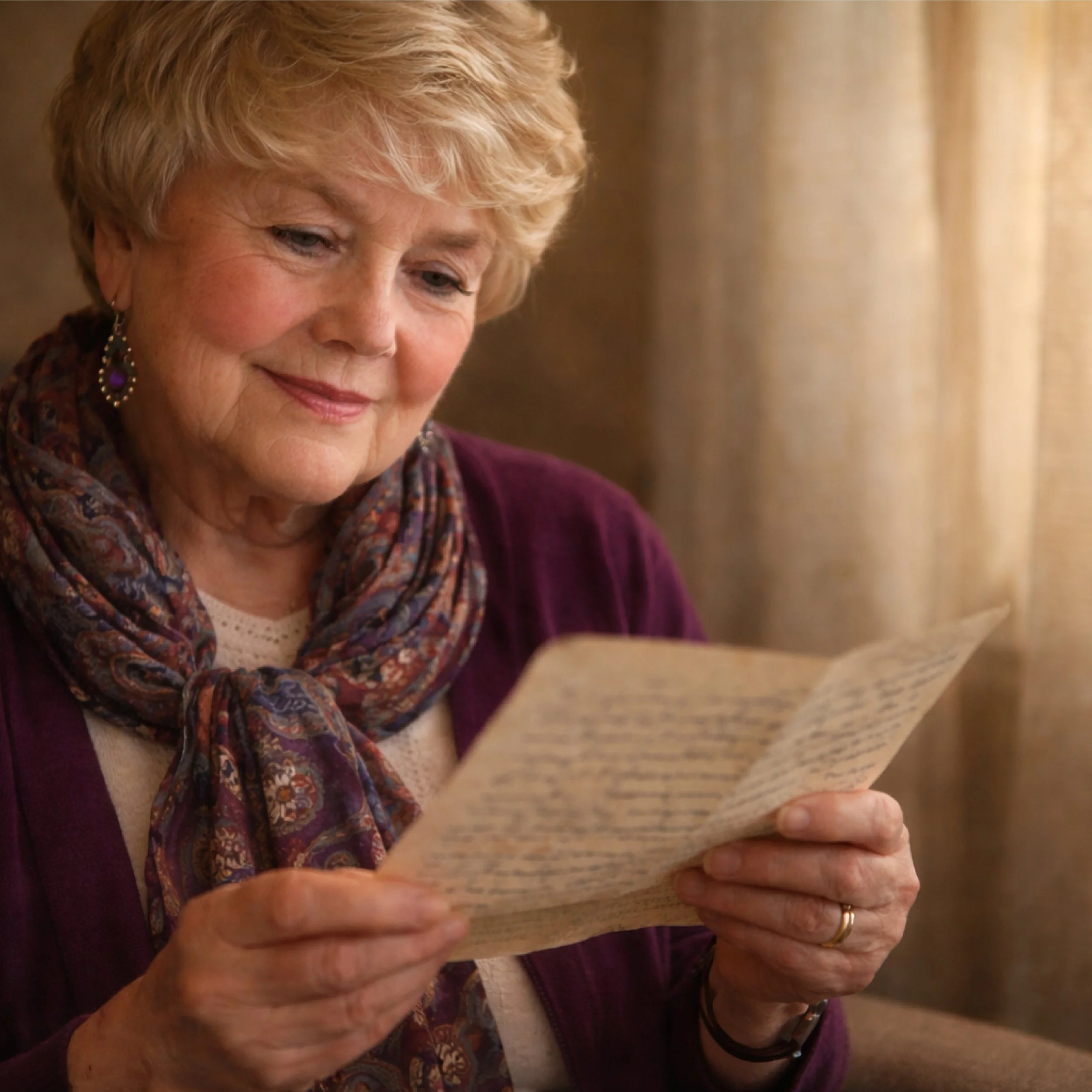 A photo of Susan Brandenburg looking down while reading a book, wearing earrings, a patterned scarf, and a purple jacket, sitting on a beige couch