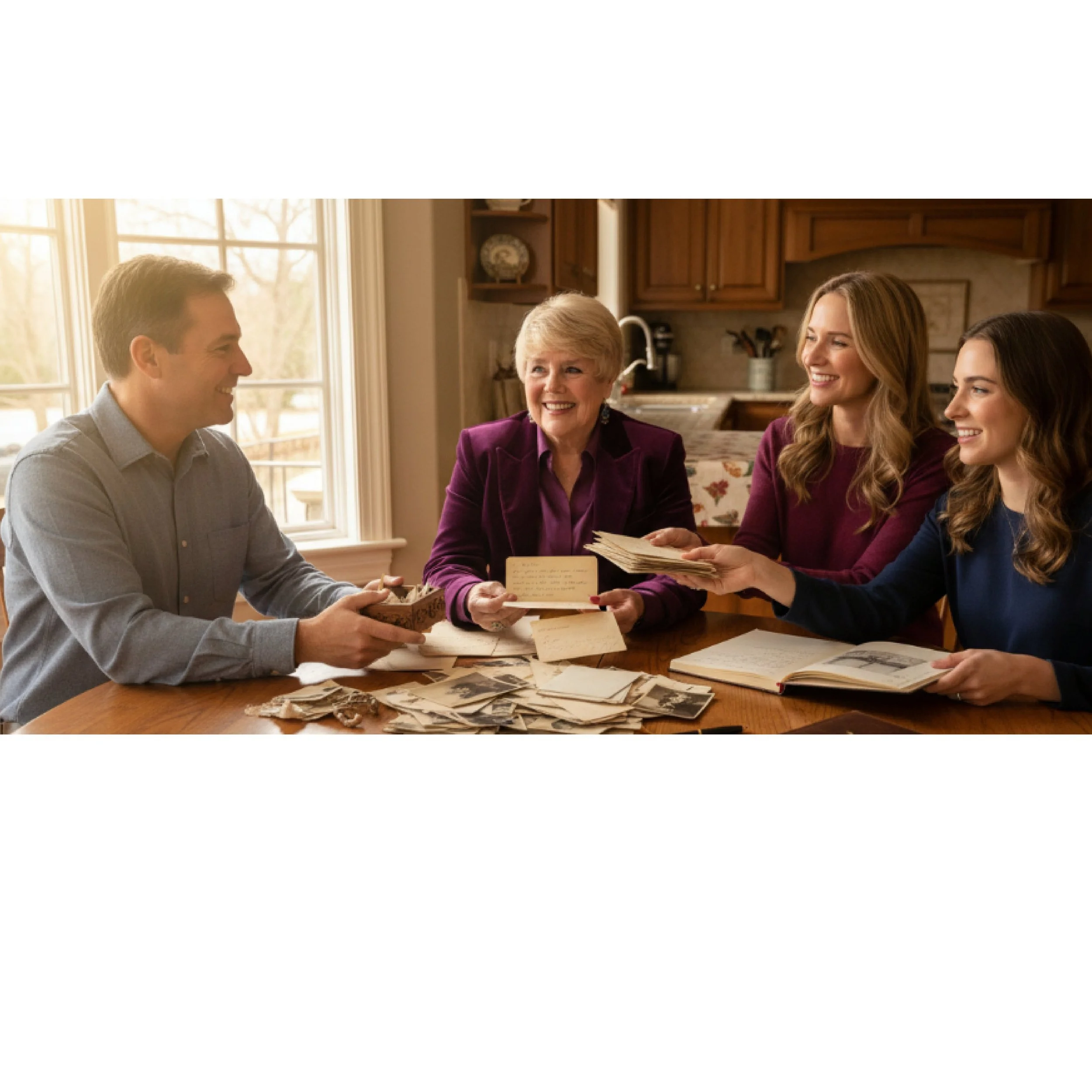 Four people sitting at a kitchen table, talking and smiling, with some photographs and papers on the table. The kitchen has wooden cabinets and a window with a view outside.