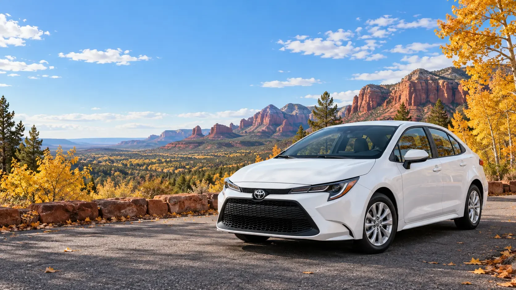 White Toyota Corolla LE from the Jet Wheelers rental fleet parked at a red-rock overlook in Arizona
