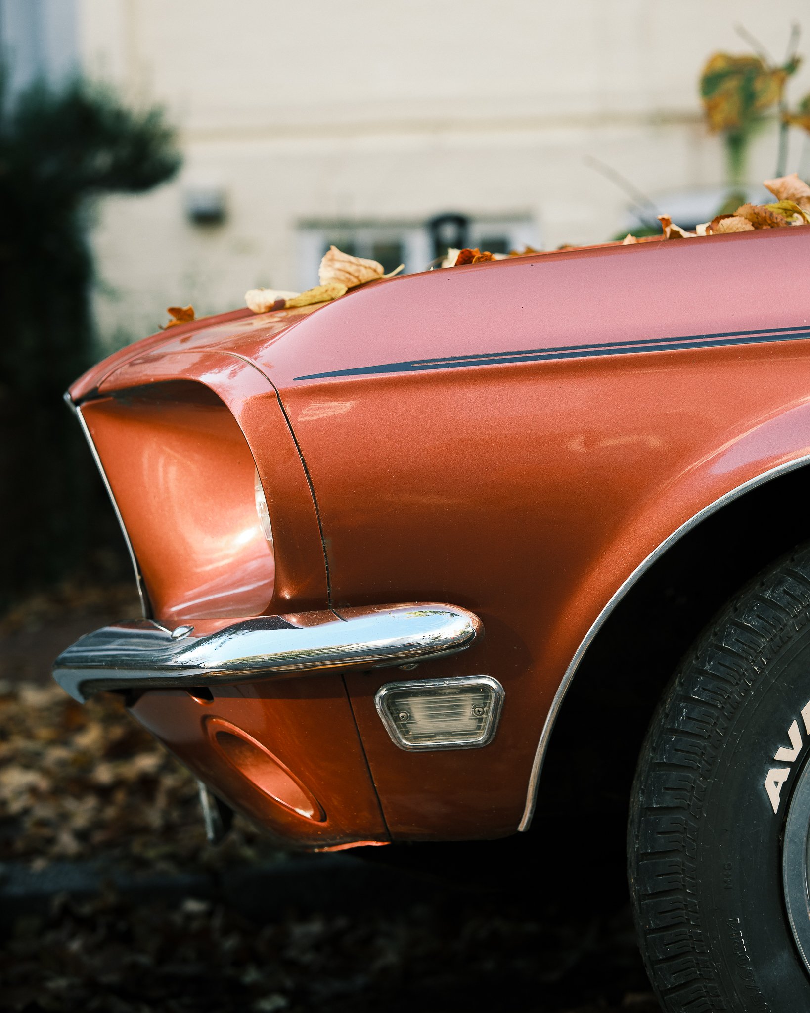 Close-up of the front corner of a vintage orange car with a Leaf of a fallen leaf on the hood, parked on a dark earthy ground.