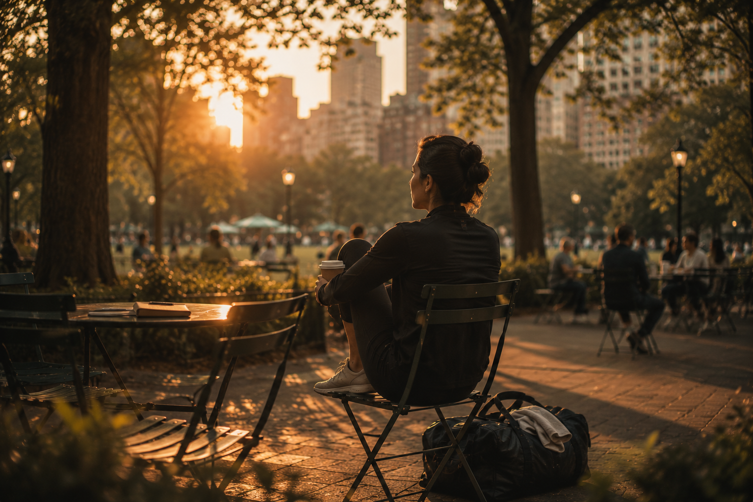 A woman sitting on a chair in a park during sunset, with city buildings in the background, holding a coffee cup.