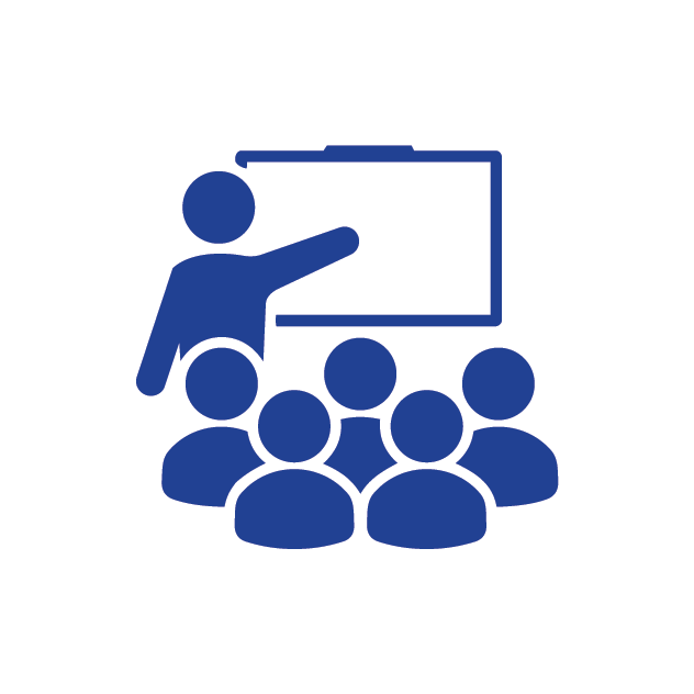 Icon of a person teaching a group of people in front of a whiteboard.