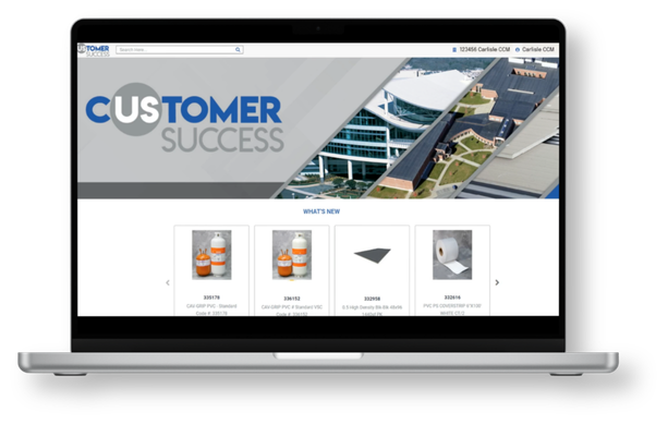 Laptop displaying a website with a header titled "Customer Success" and images of piping supplies, along with navigation options and search bar.