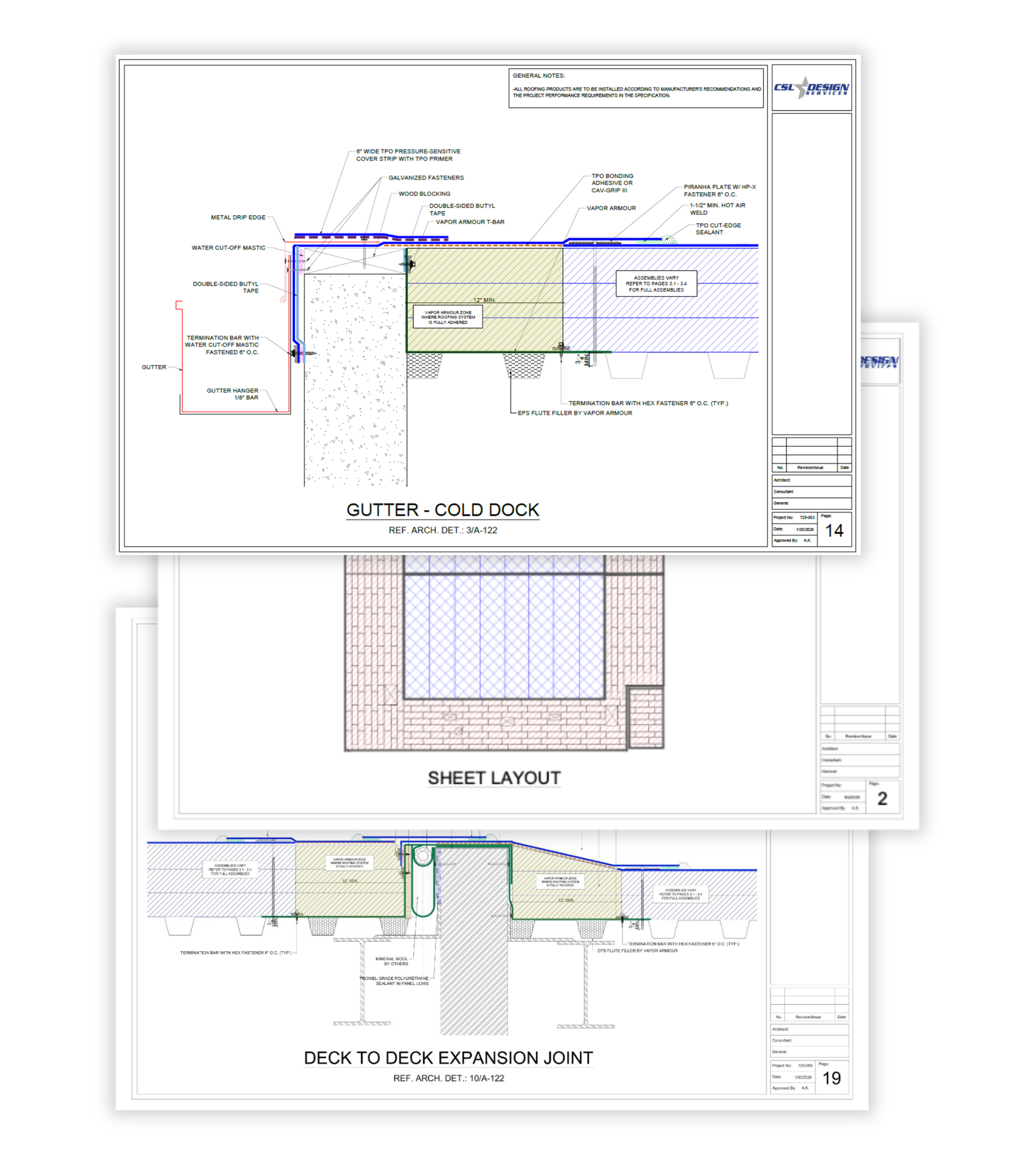 Engineering drawings of sheet layouts and deck to deck expansion joint.
