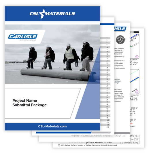 Cover page of a project submittal package from Carlisle Construction Materials featuring workers on a flat roof in the background.