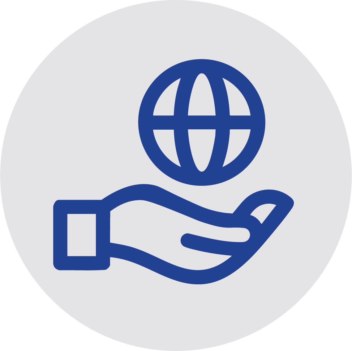 A graphic of a hand holding a globe, symbolizing global support or international services.