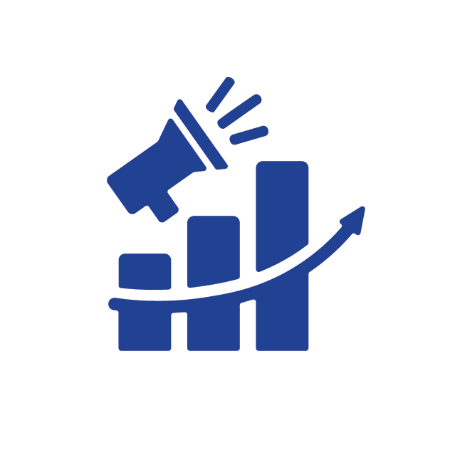 Icon of a bar chart with an upward arrow and a megaphone at the top, representing growth and marketing or promotion.