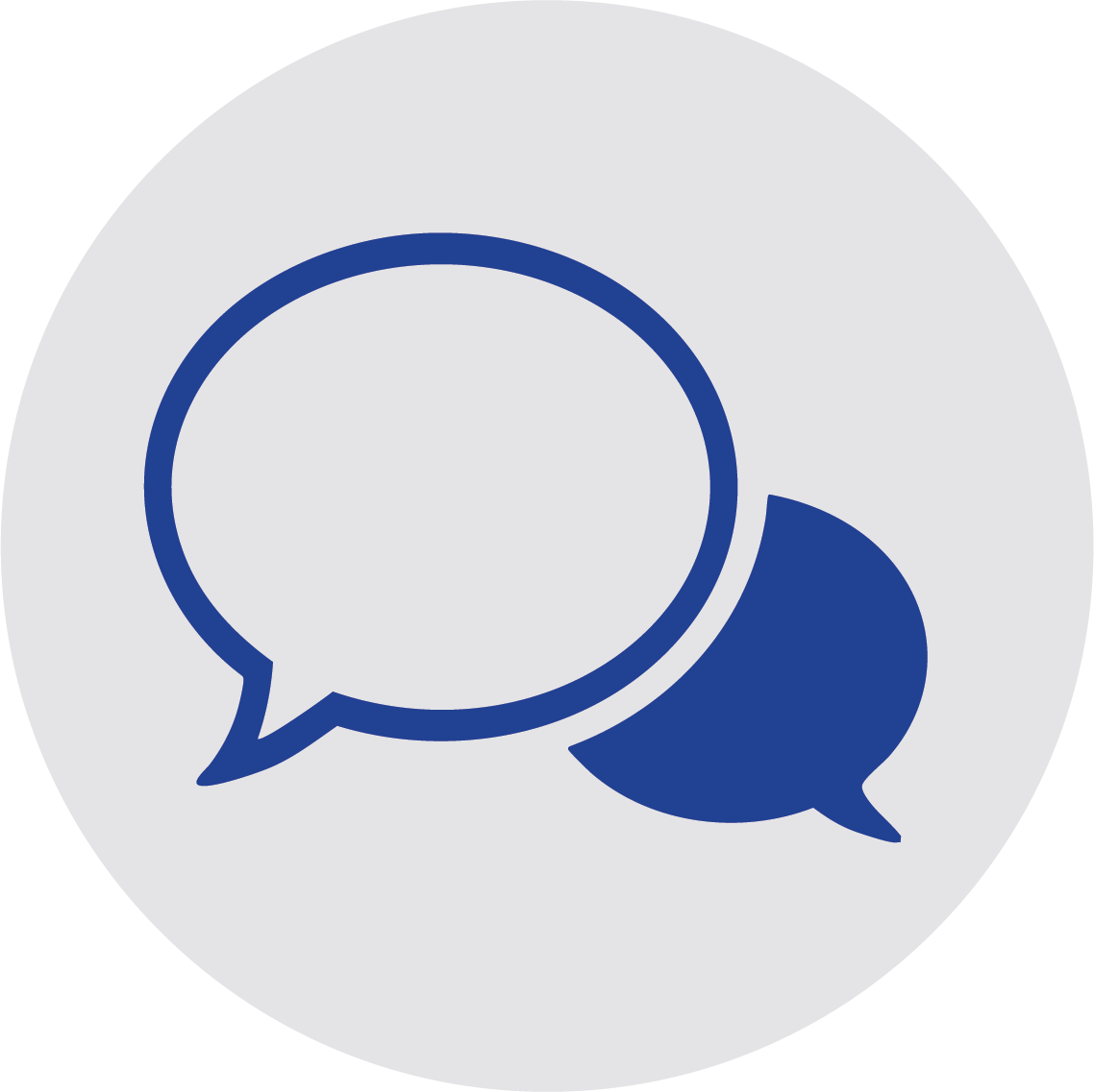 Two speech bubbles, one outlined and empty, the other filled and overlapping, on a gray circular background.